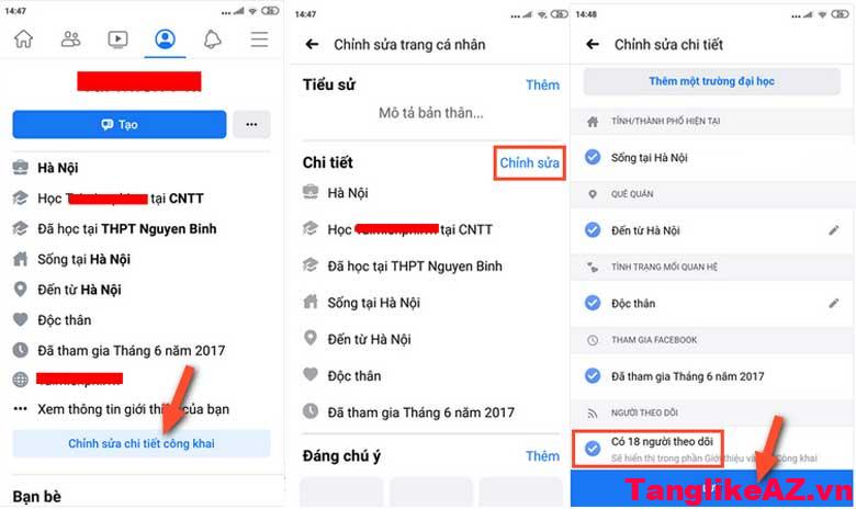 Cách bật tính năng theo dõi Facebook bằng điện thoại Android: Bước 2+3
