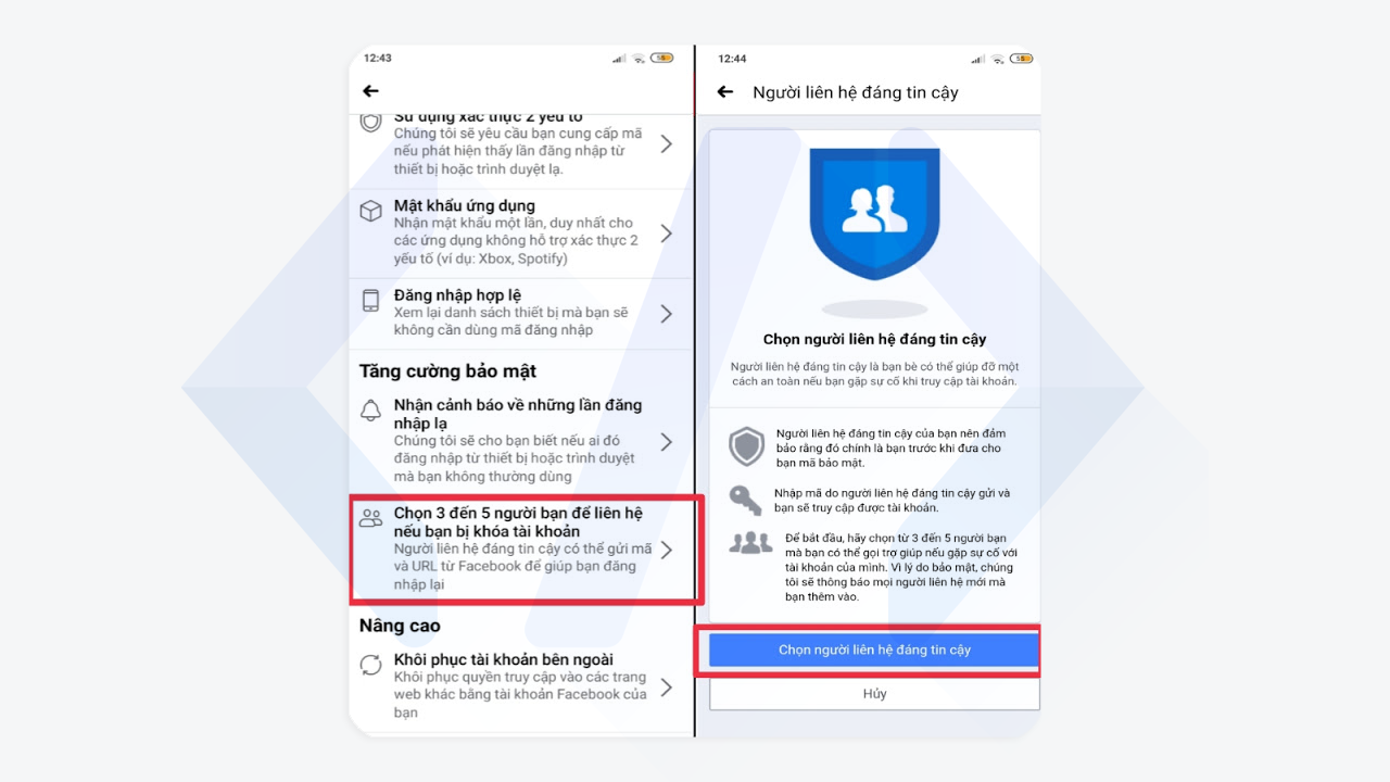 Thêm liên hệ đáng tin cậy Hướng dẫn bảo mật tài khoản Facebook