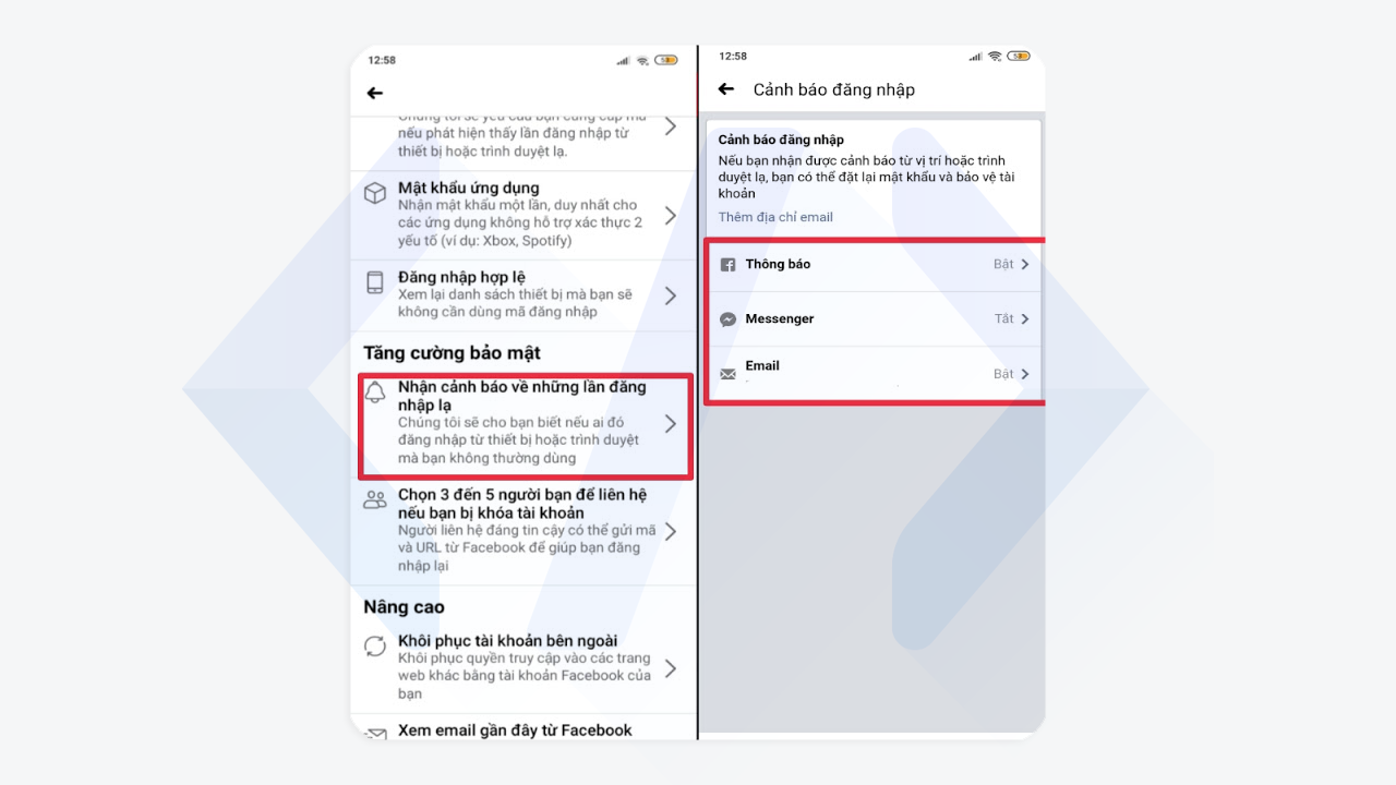 Bật cảnh báo khi thiết bị kết nối Hướng dẫn bảo mật tài khoản Facebook