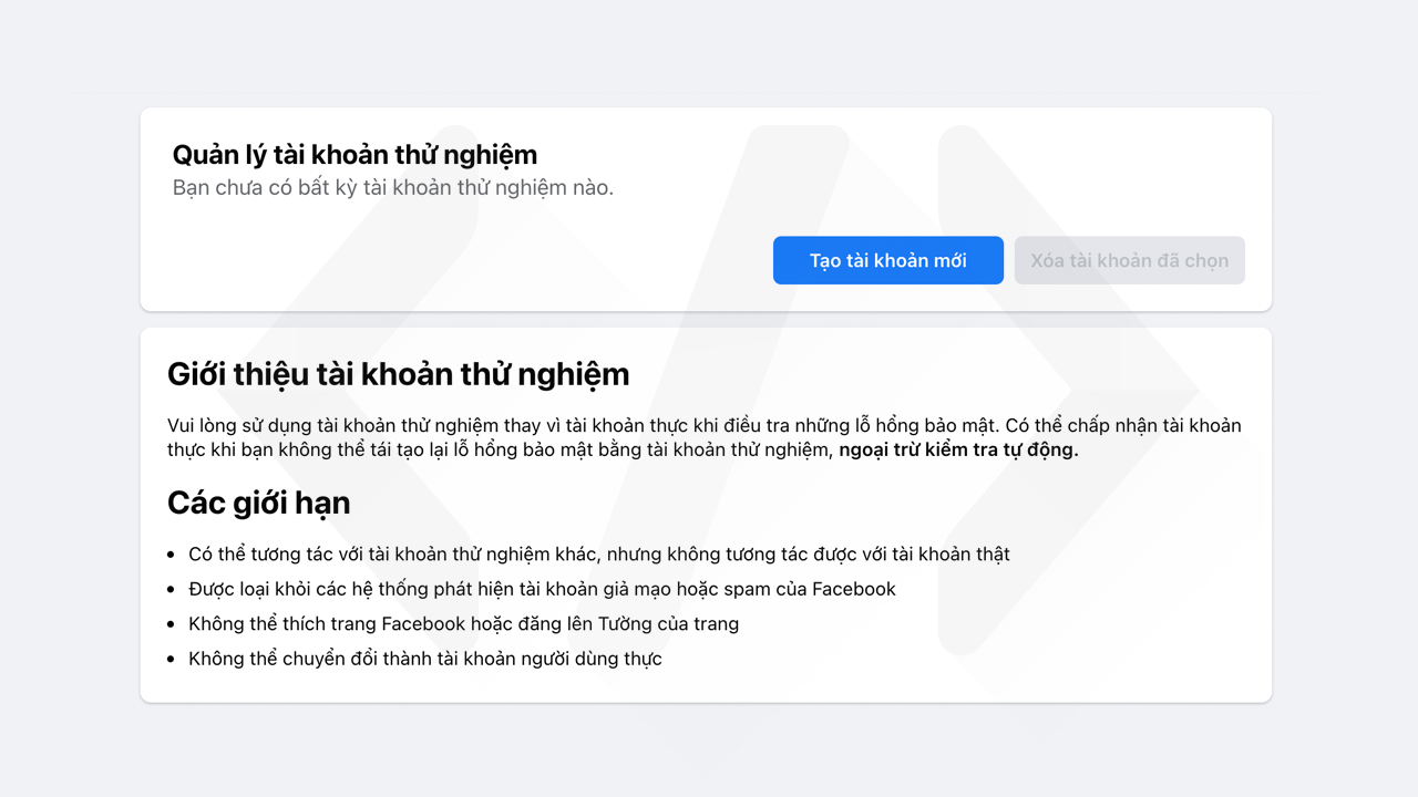Hướng dẫn tạo tài khoản thử nghiệm Facebook